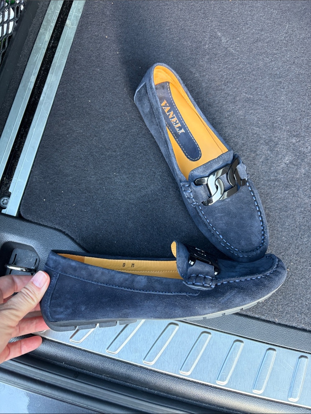 Vaneli Navy Suede Loafers with Polished Chain-Link Accent - Picture 3 of 6